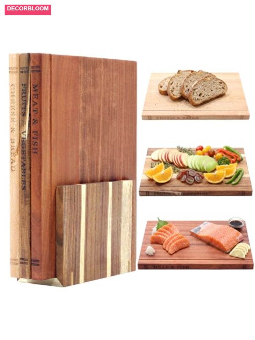3 Pc Wooden Book Cutting Board Set Acacia Rubberwood Sapele w Stand
